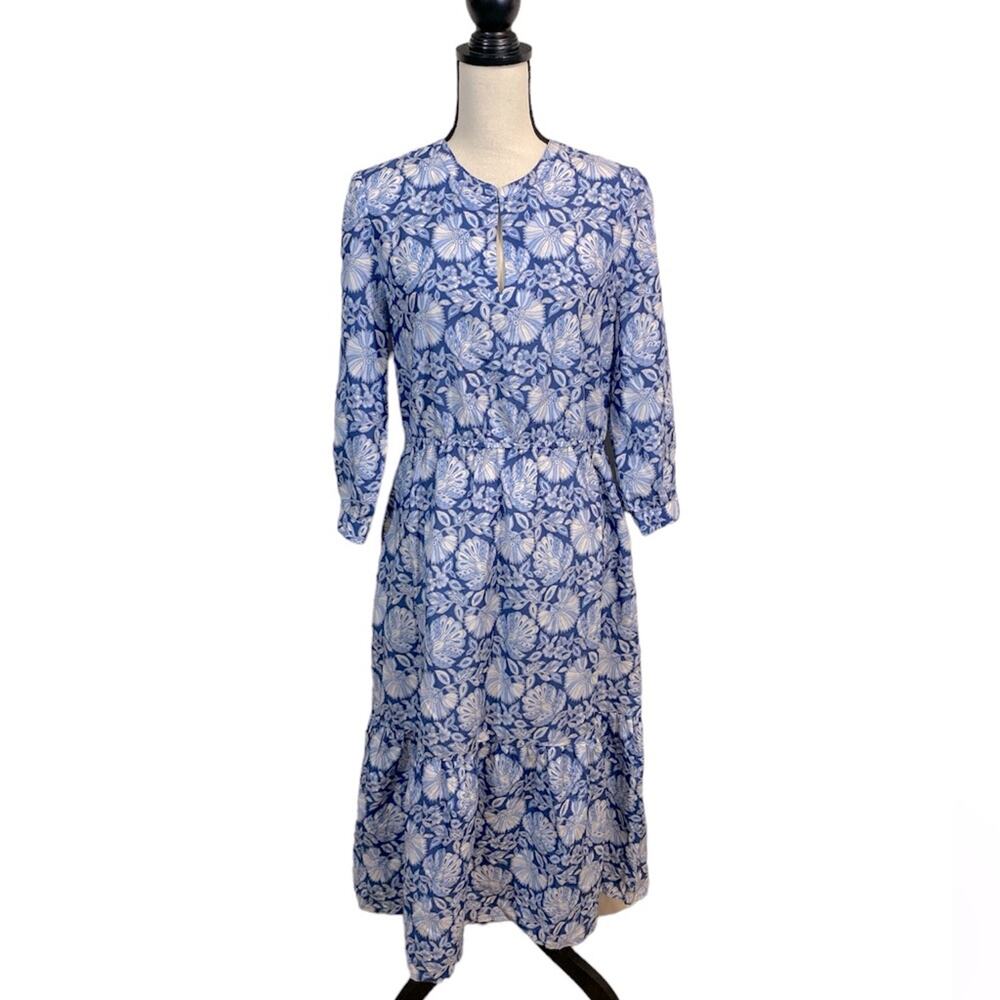 J. McLaughlin Blue Floral Silk and Cotton Tiered Midi Dress Size Large (no belt)